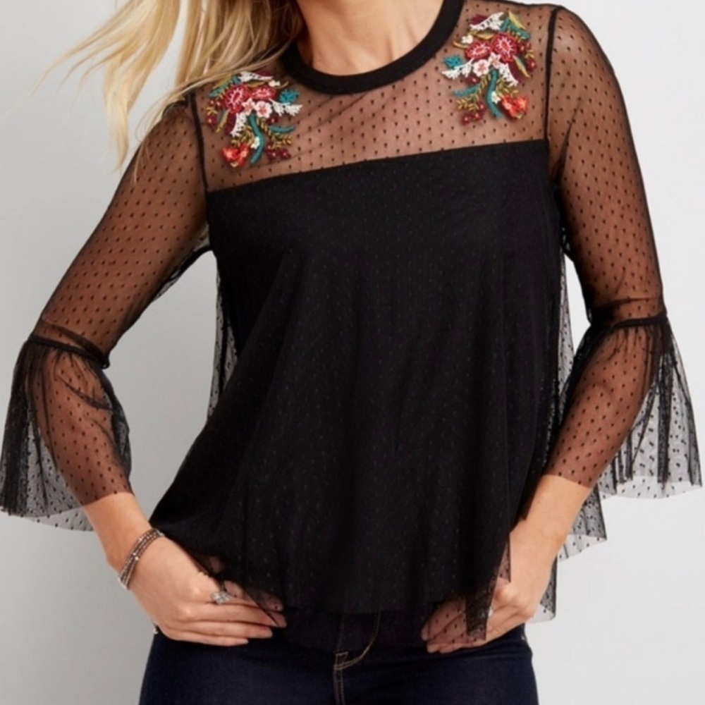 Maurices Womens XXL Embroidered Mesh Overlay Swiss Dot Top Boho Whimsigoth